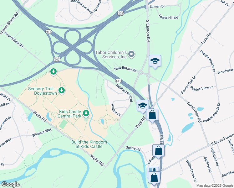map of restaurants, bars, coffee shops, grocery stores, and more near 35 Charter Oak Court in Doylestown