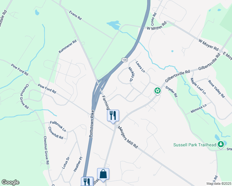 map of restaurants, bars, coffee shops, grocery stores, and more near 1483 Laura Lane in Pottstown