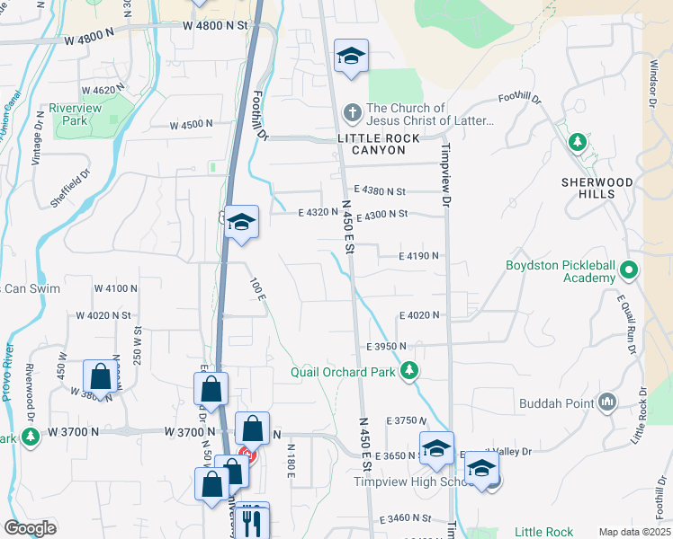 map of restaurants, bars, coffee shops, grocery stores, and more near 4161 North Canyon Road in Provo