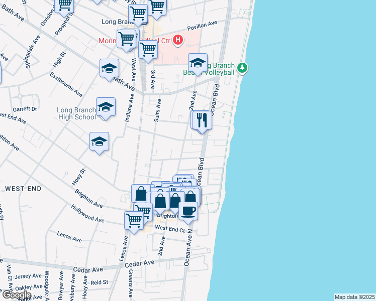 map of restaurants, bars, coffee shops, grocery stores, and more near 460 Ocean Boulevard in Long Branch