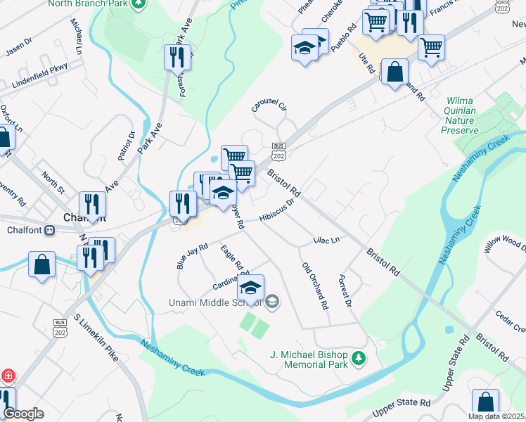 map of restaurants, bars, coffee shops, grocery stores, and more near 215 Hibiscus Drive in Chalfont