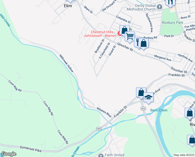 map of restaurants, bars, coffee shops, grocery stores, and more near 599 Girard Street in Johnstown