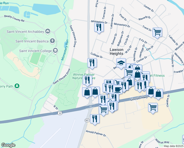 map of restaurants, bars, coffee shops, grocery stores, and more near 11 Terry Way in Latrobe