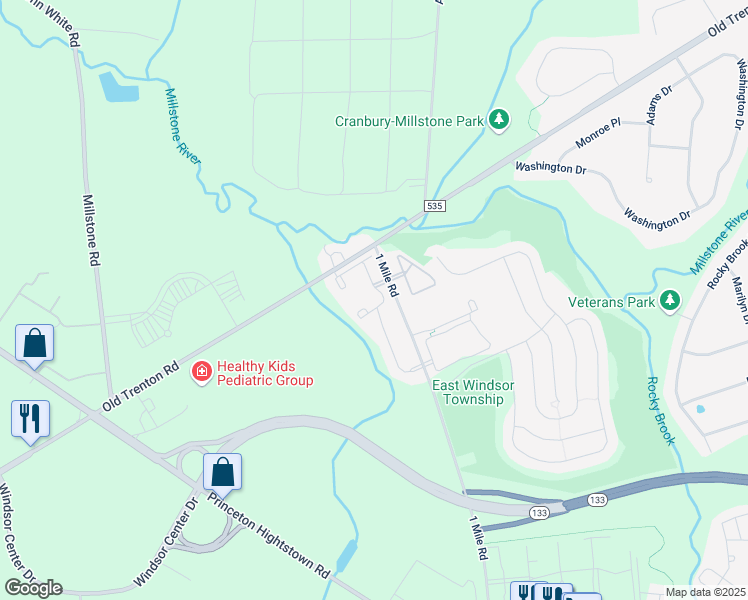 map of restaurants, bars, coffee shops, grocery stores, and more near 1824 Old Stone Mill Drive in East Windsor