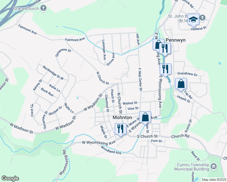 map of restaurants, bars, coffee shops, grocery stores, and more near 236 North Church Street in Mohnton