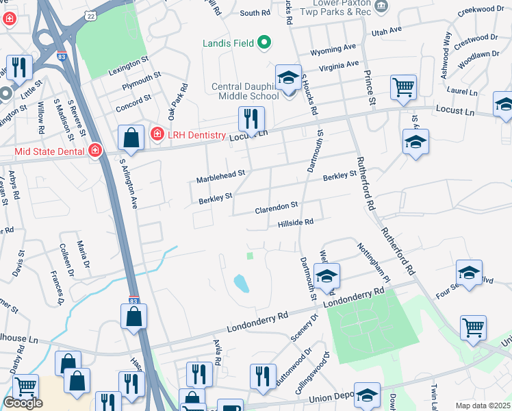 map of restaurants, bars, coffee shops, grocery stores, and more near 4550 Clarendon Street in Harrisburg
