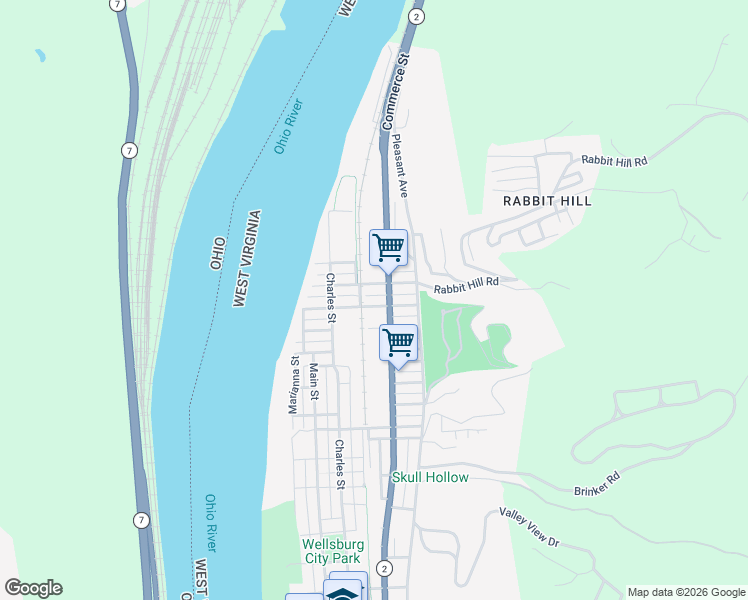 map of restaurants, bars, coffee shops, grocery stores, and more near 86-98 26th St in Wellsburg