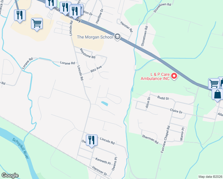 map of restaurants, bars, coffee shops, grocery stores, and more near 6205 Pond View Drive in Birdsboro