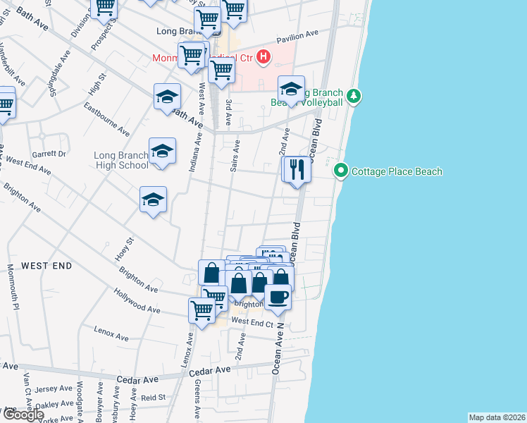 map of restaurants, bars, coffee shops, grocery stores, and more near 101 Avery Avenue in Long Branch