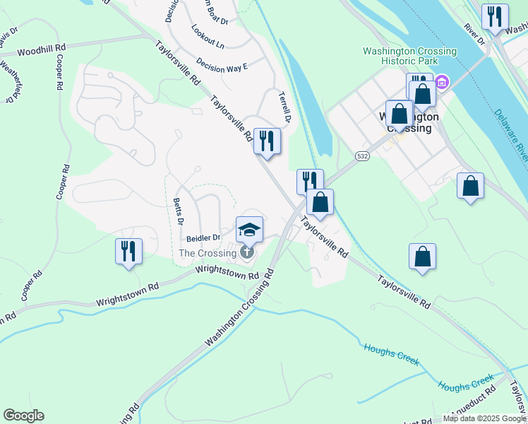 map of restaurants, bars, coffee shops, grocery stores, and more near 1 Beidler Drive in Washington Crossing