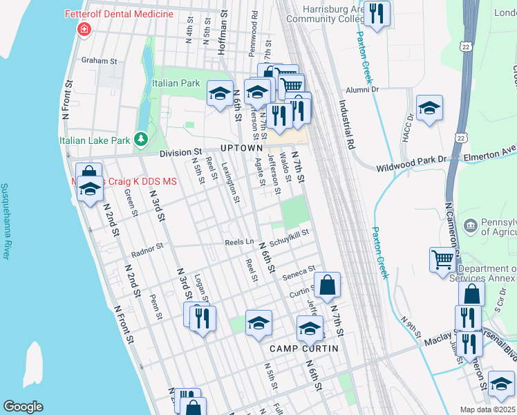 map of restaurants, bars, coffee shops, grocery stores, and more near 2603 North 6th Street in Harrisburg