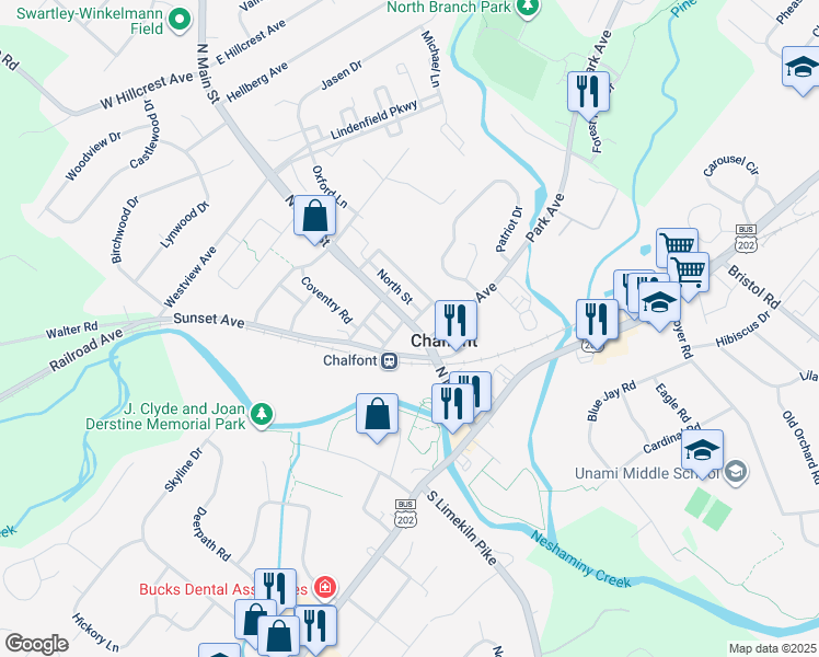 map of restaurants, bars, coffee shops, grocery stores, and more near 138 North Main Street in Chalfont