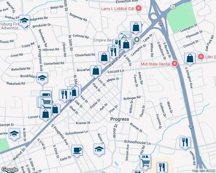 map of restaurants, bars, coffee shops, grocery stores, and more near 116 Linn Street in Harrisburg