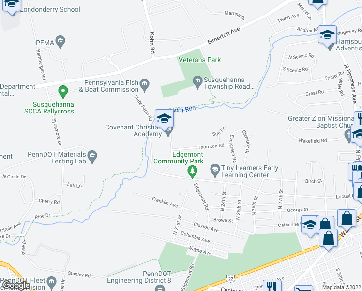 map of restaurants, bars, coffee shops, grocery stores, and more near 2304 Thornton Road in Harrisburg