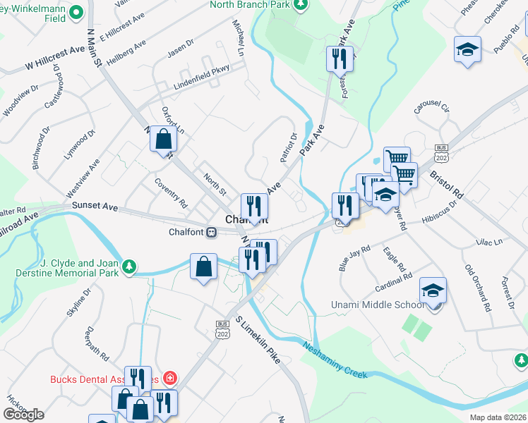 map of restaurants, bars, coffee shops, grocery stores, and more near in Chalfont
