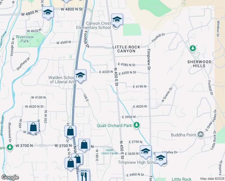 map of restaurants, bars, coffee shops, grocery stores, and more near 4125 North Canyon Road in Provo