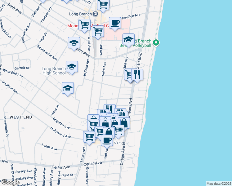 map of restaurants, bars, coffee shops, grocery stores, and more near 101 Avery Avenue in Long Branch