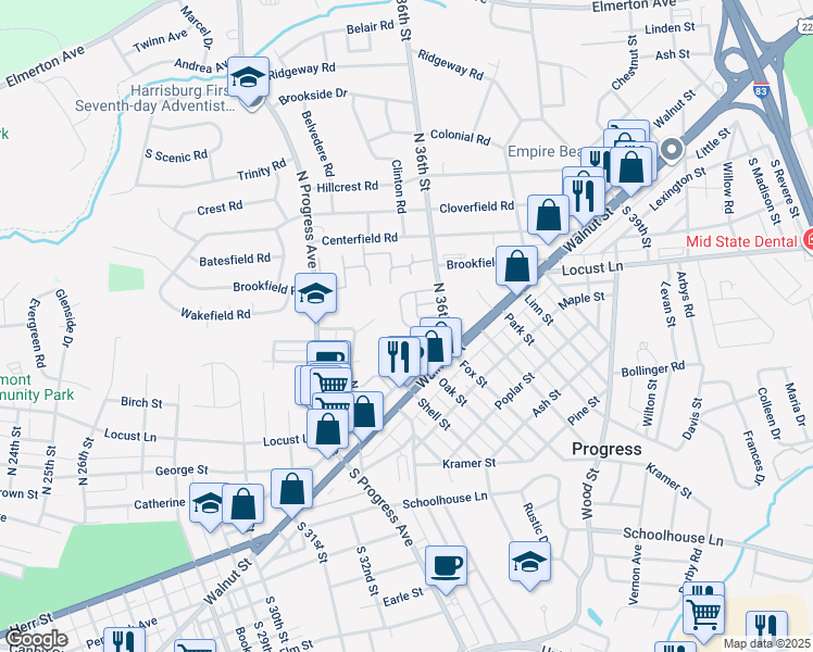 map of restaurants, bars, coffee shops, grocery stores, and more near Deckert Road in Harrisburg