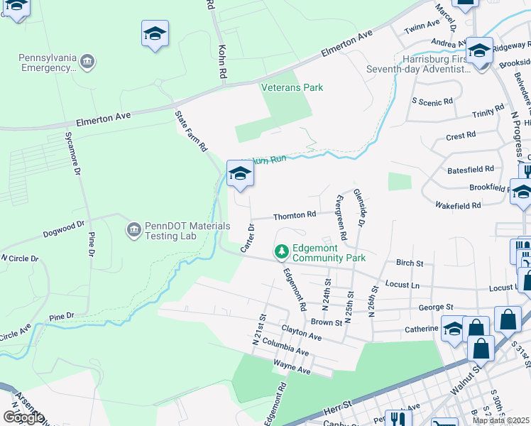 map of restaurants, bars, coffee shops, grocery stores, and more near 2304 Thornton Road in Harrisburg