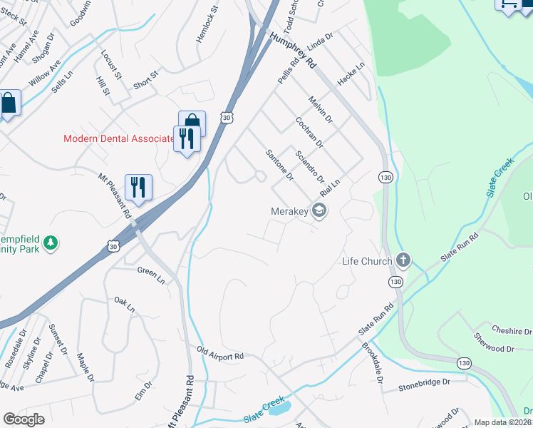 map of restaurants, bars, coffee shops, grocery stores, and more near 626 Woodburn Lane in Greensburg