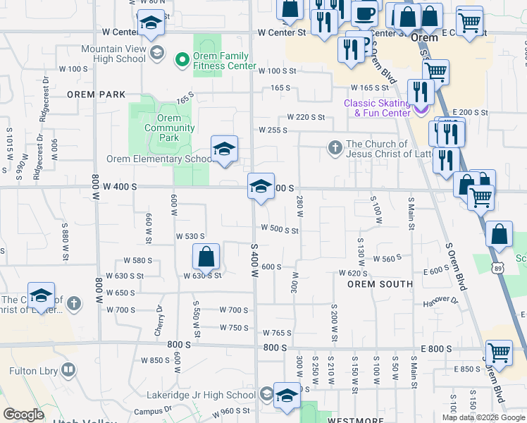map of restaurants, bars, coffee shops, grocery stores, and more near 460 360 West in Orem