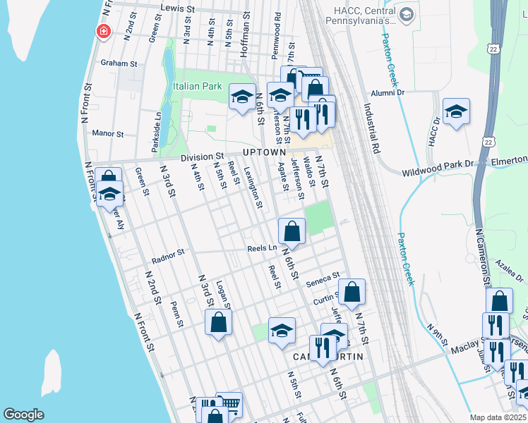 map of restaurants, bars, coffee shops, grocery stores, and more near 500 Clark Street in Harrisburg