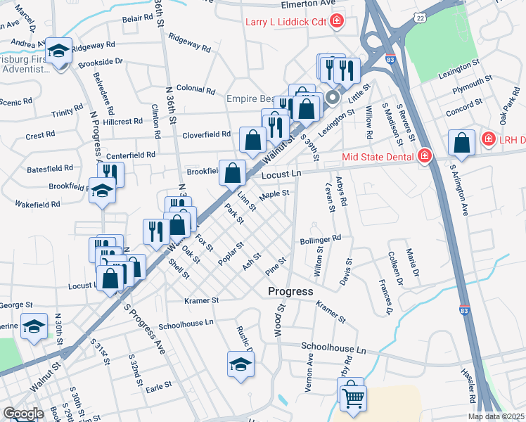 map of restaurants, bars, coffee shops, grocery stores, and more near 116 Linn Street in Harrisburg