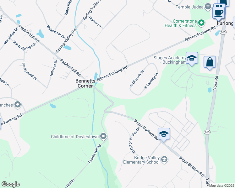 map of restaurants, bars, coffee shops, grocery stores, and more near 2535 Pebble Hill Road in Furlong