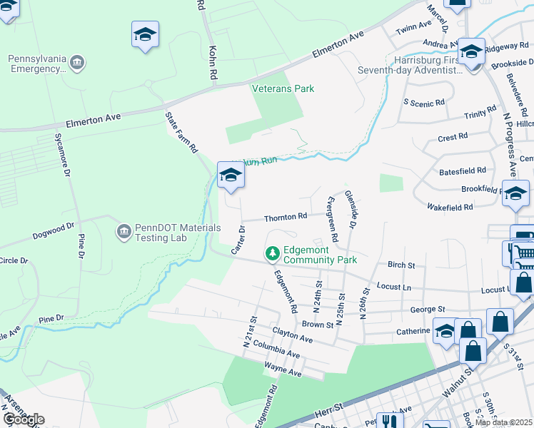 map of restaurants, bars, coffee shops, grocery stores, and more near 2312 Thornton Road in Harrisburg