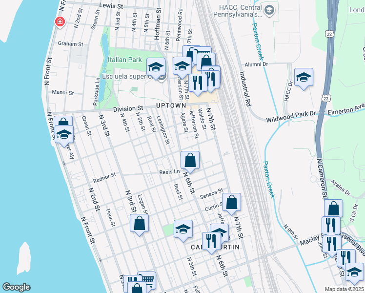 map of restaurants, bars, coffee shops, grocery stores, and more near 2605 North 6th Street in Harrisburg