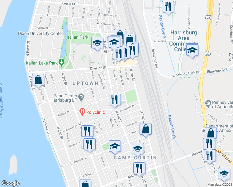 map of restaurants, bars, coffee shops, grocery stores, and more near 618 Radnor Street in Harrisburg