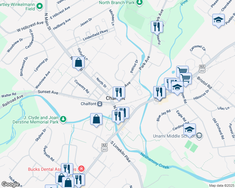 map of restaurants, bars, coffee shops, grocery stores, and more near 26 Park Avenue in Chalfont
