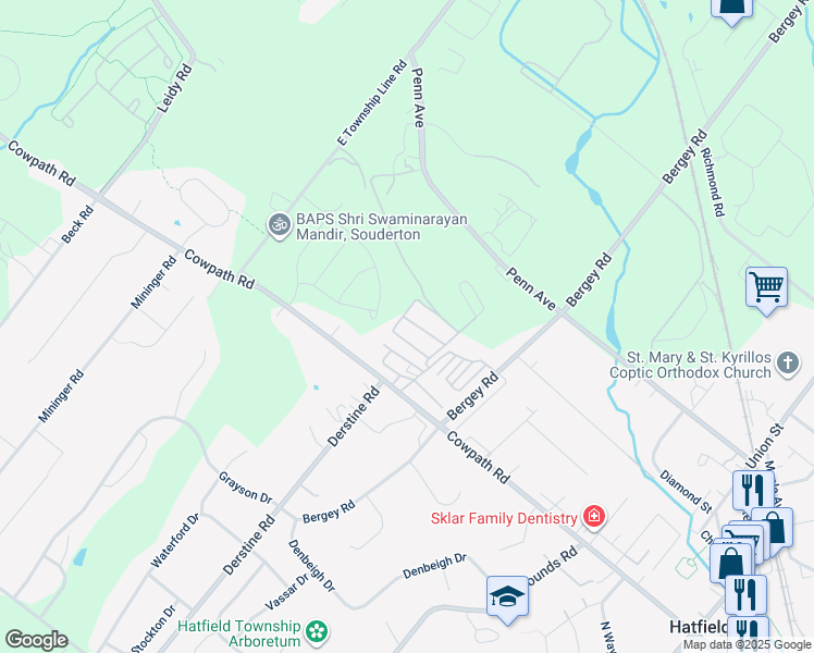 map of restaurants, bars, coffee shops, grocery stores, and more near 18 Mansion Avenue in Hatfield