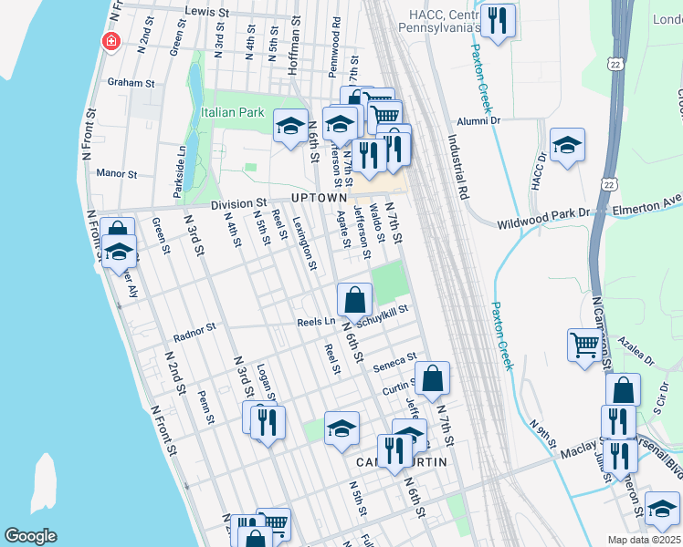 map of restaurants, bars, coffee shops, grocery stores, and more near 2605 North 6th Street in Harrisburg