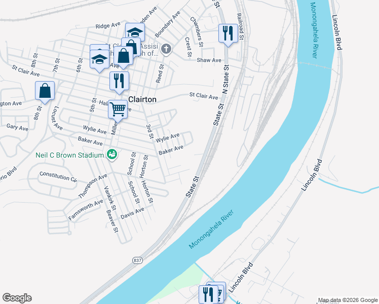 map of restaurants, bars, coffee shops, grocery stores, and more near 167 Glick Street in Clairton