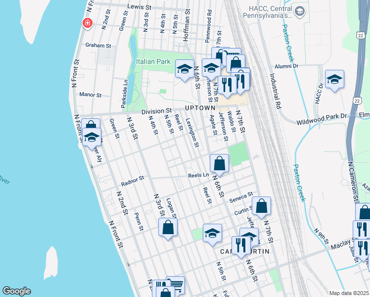 map of restaurants, bars, coffee shops, grocery stores, and more near 2632 Reel Street in Harrisburg