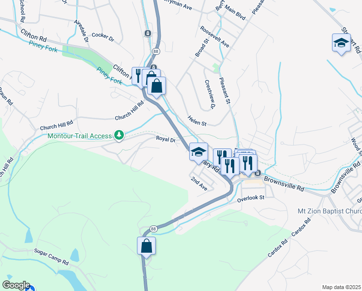 map of restaurants, bars, coffee shops, grocery stores, and more near 6404 Library Road in South Park Township