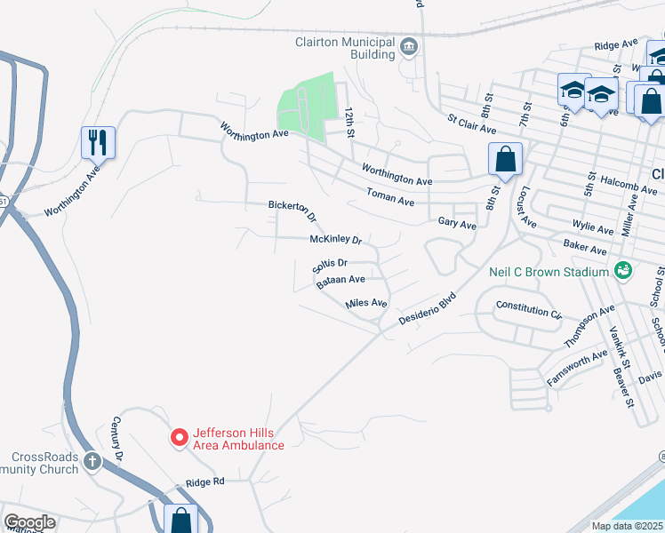 map of restaurants, bars, coffee shops, grocery stores, and more near 5506 Soltis Drive in Clairton