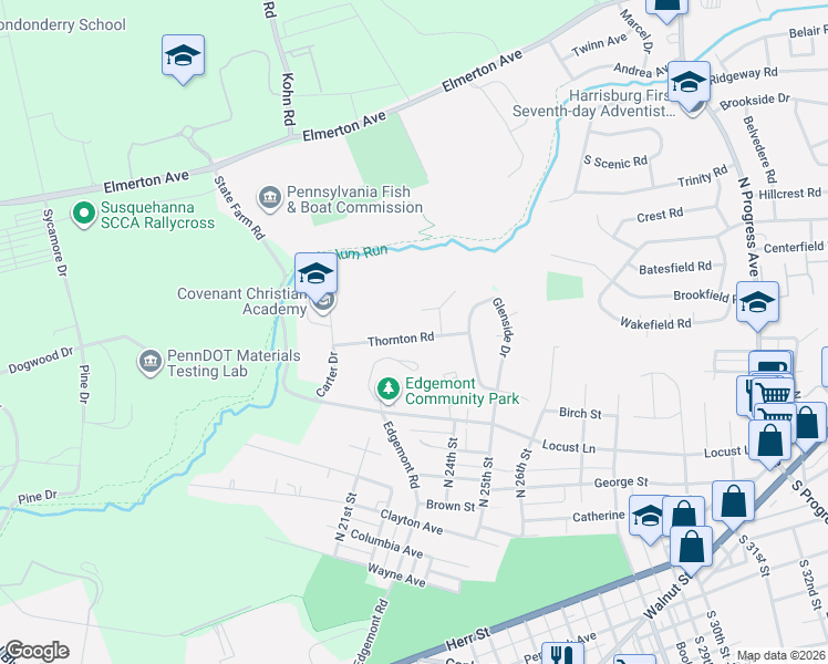 map of restaurants, bars, coffee shops, grocery stores, and more near 2345 Thornton Road in Harrisburg