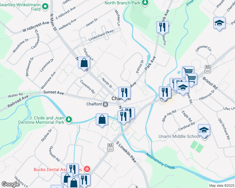 map of restaurants, bars, coffee shops, grocery stores, and more near 131 North Main Street in Chalfont