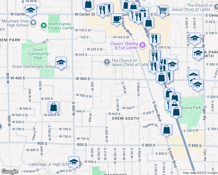 map of restaurants, bars, coffee shops, grocery stores, and more near 183 West 450 South in Orem