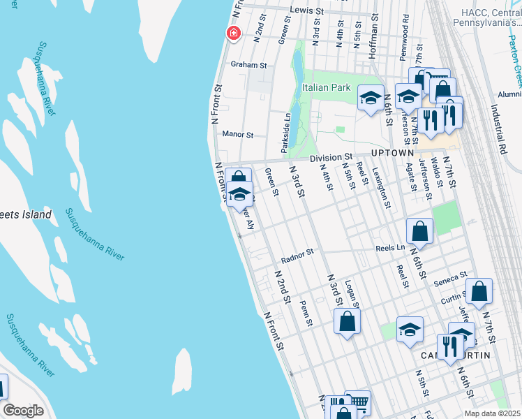 map of restaurants, bars, coffee shops, grocery stores, and more near 2725 North 2nd Street in Harrisburg