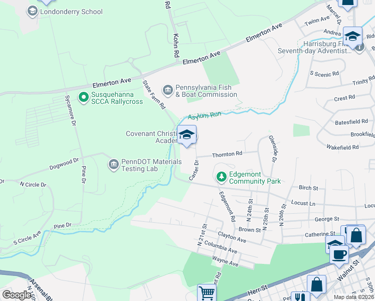 map of restaurants, bars, coffee shops, grocery stores, and more near 1982 Locust Lane in Harrisburg