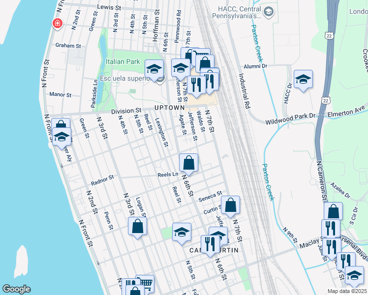 map of restaurants, bars, coffee shops, grocery stores, and more near 618 Radnor Street in Harrisburg