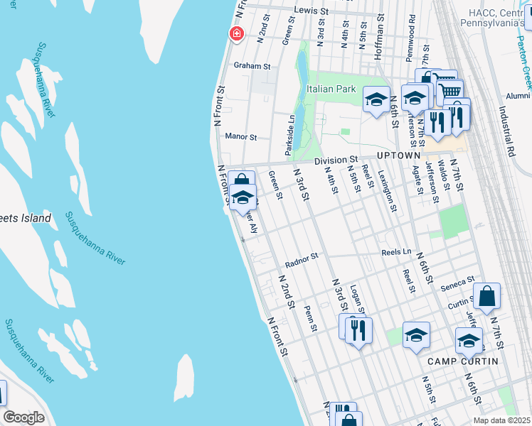 map of restaurants, bars, coffee shops, grocery stores, and more near 2725 North 2nd Street in Harrisburg