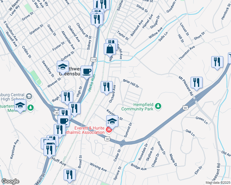 map of restaurants, bars, coffee shops, grocery stores, and more near 1001 Orchard Avenue in Greensburg