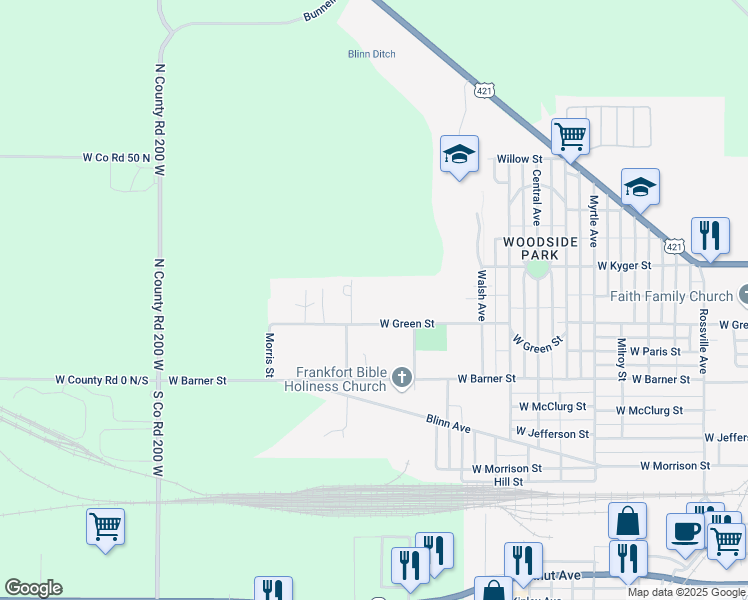 map of restaurants, bars, coffee shops, grocery stores, and more near 1902 West Green Street in Frankfort