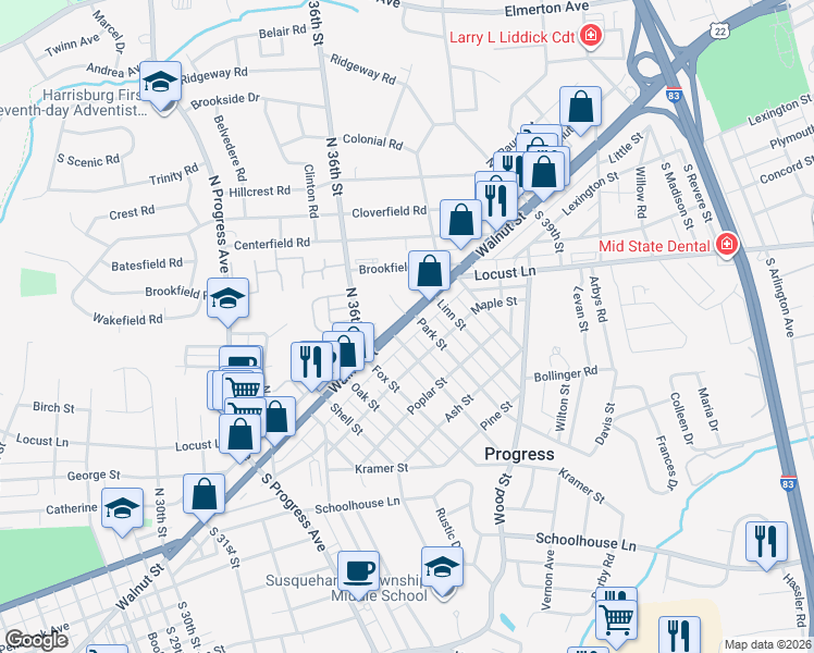 map of restaurants, bars, coffee shops, grocery stores, and more near 3707 Walnut Street in Harrisburg