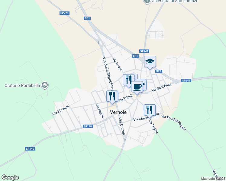 map of restaurants, bars, coffee shops, grocery stores, and more near 30 Via della Repubblica in Vernole