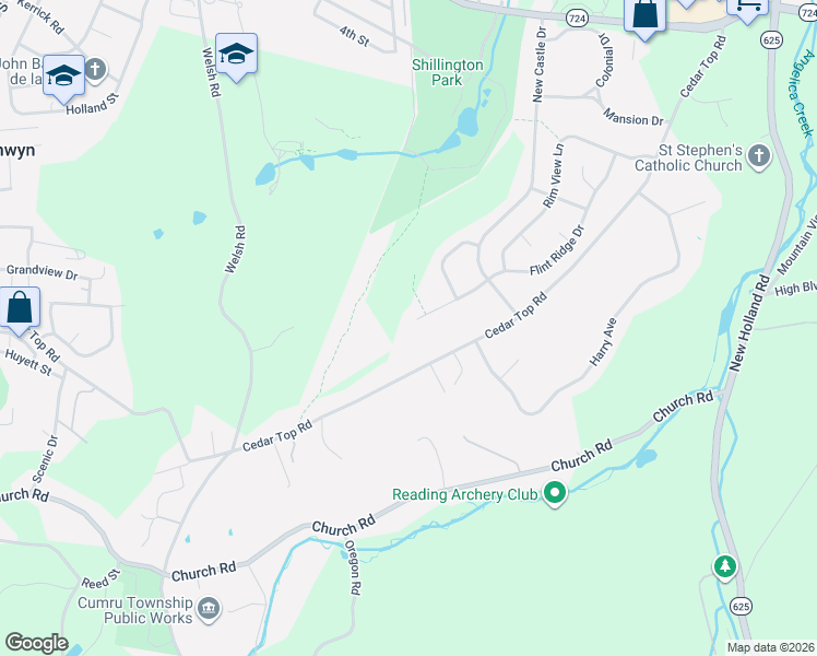map of restaurants, bars, coffee shops, grocery stores, and more near 83 Flint Ridge Drive in Reading